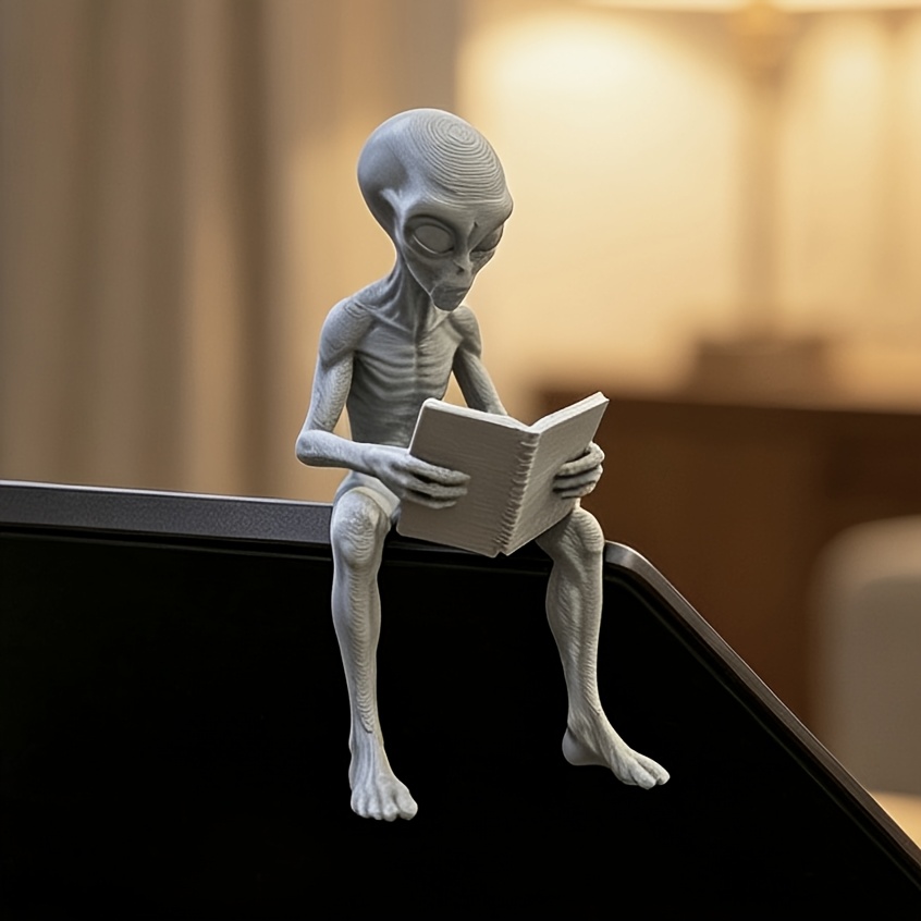 3D Printing Office Setup - Alien-Lesefiguren 3D-Gedruckte Außerirdische Bücherwurm-Statue Neuartige Monitor-Dekoration